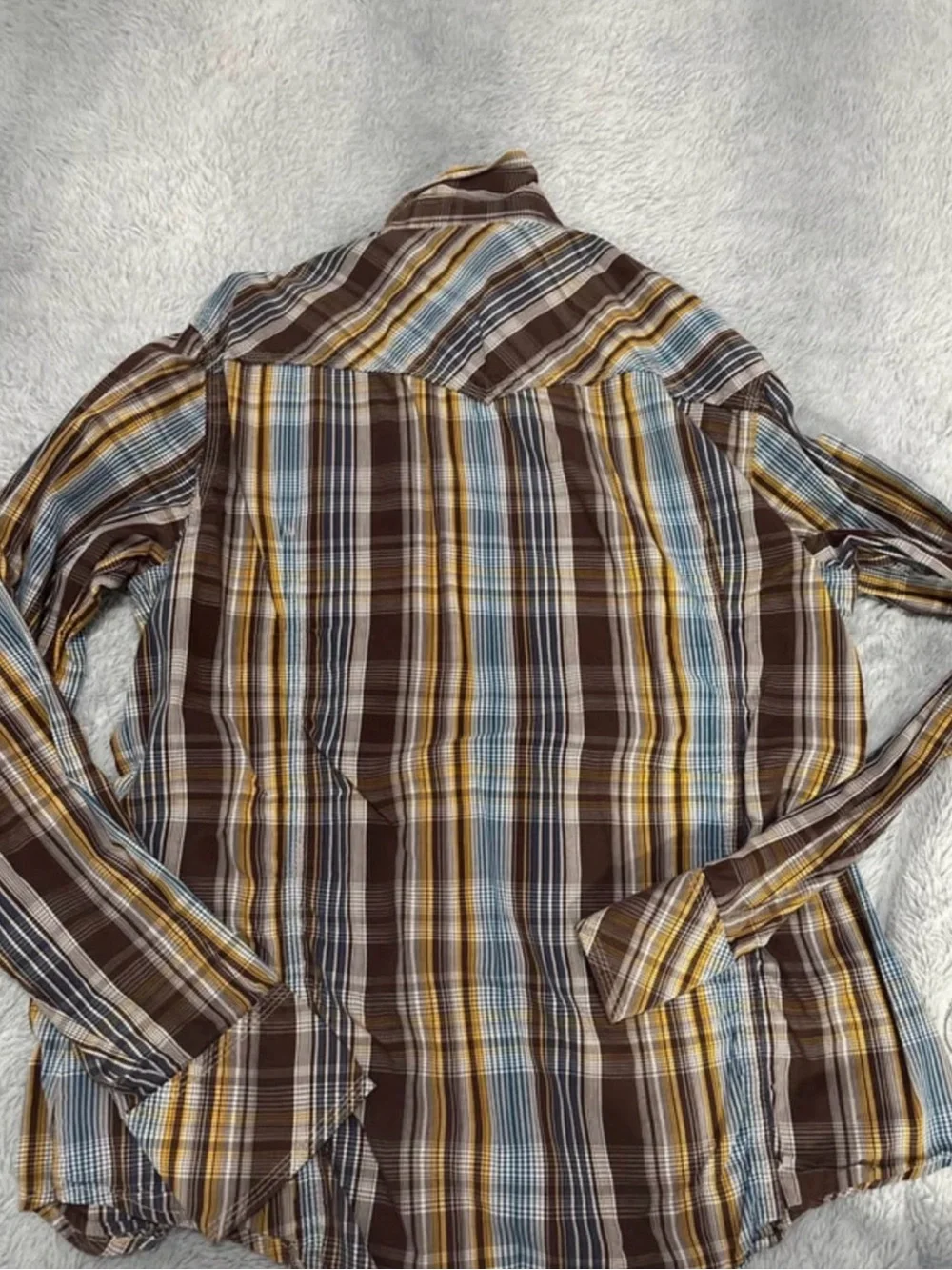 Original True Religion Men's Brown Plaid Button-Up Shirt with Yellow & Blue Stri